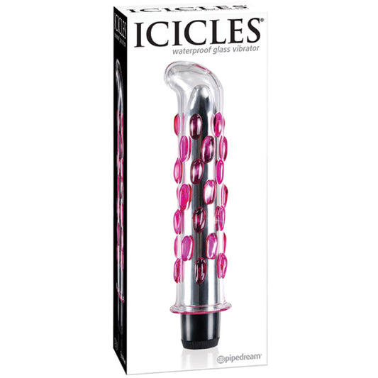 Pipedream Icicles No. 19 Curved Textured Vibrating 7.5 in. Glass Dildo Pink/Clear