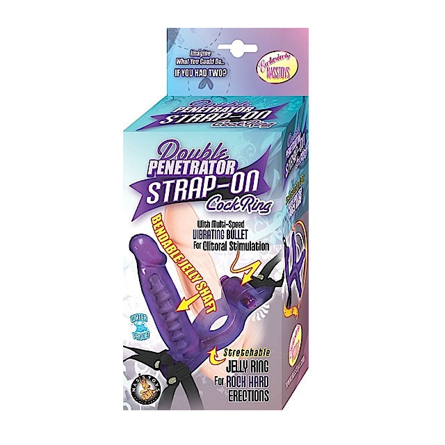 Double Penetrator Vibrating Strap-On Cockring (Purple)