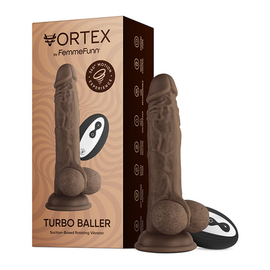 FemmeFunn Vortex Turbo Baller 2.0 Rechargeable Remote-Controlled 8.25 in. Silicone Vibrating Rotating Dildo with Balls & Suction Cup Brown