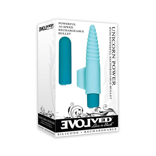 Evolved Unicorn Power Rechargeable 10-Speed Bullet Vibrator With Silicone Unicorn Horn Sleeve Finger Ring Blue