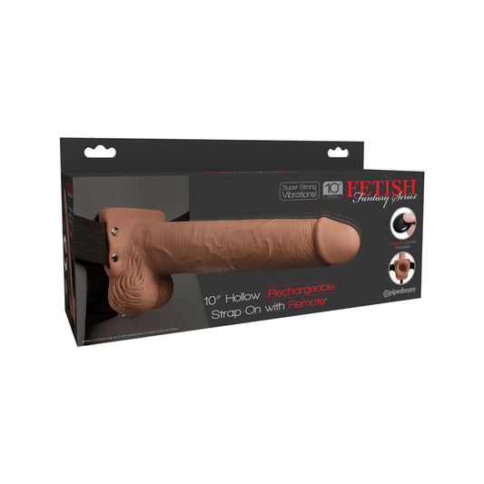 Pipedream Fetish Fantasy Series Rechargeable Remote-Controlled Vibrating 10 in. Hollow Strap-On With Balls Tan/Black