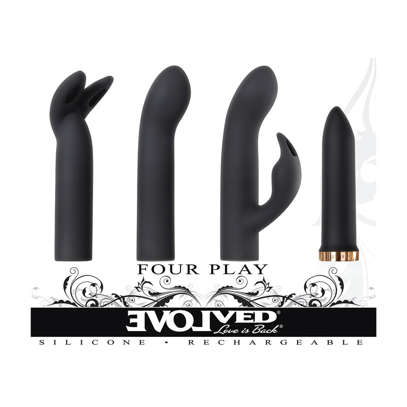 Evolved Four Play Rechargeable Silicone Bullet Vibrator and 3-Piece Sleeve Set Black