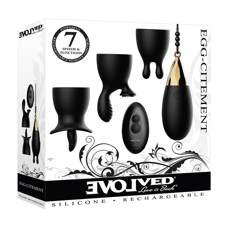 Evolved Egg-Citement 5-Piece Rechargeable Remote-Controlled Vibrator and Accessory Set Black