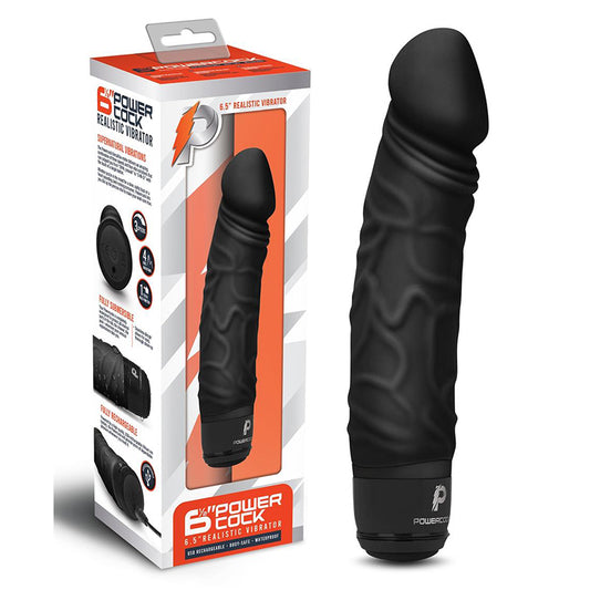 Powercock 6.5 in. Realistic Vibrator Rechargeable Silicone Vibrating Dildo Black