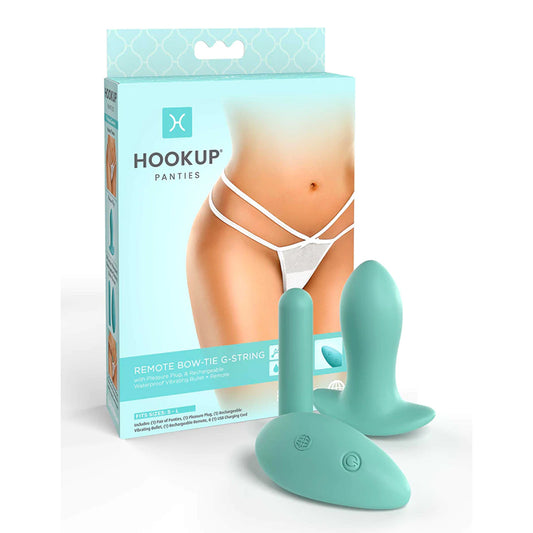 Pipedream Hookup Panties Remote Bowtie G-String With Silicone Anal Plug & Rechargeable Bullet Vibrator White/Aqua S-L