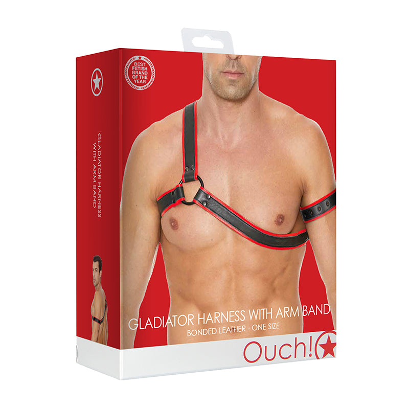 Ouch! Bonded Leather Gladiator Harness With Arm Band Red O/S