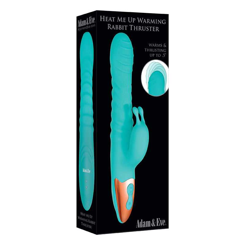 Adam & Eve Heat Me Up Warming Rabbit Thruster Rechargeable Silicone Rabbit Vibrator Aqua