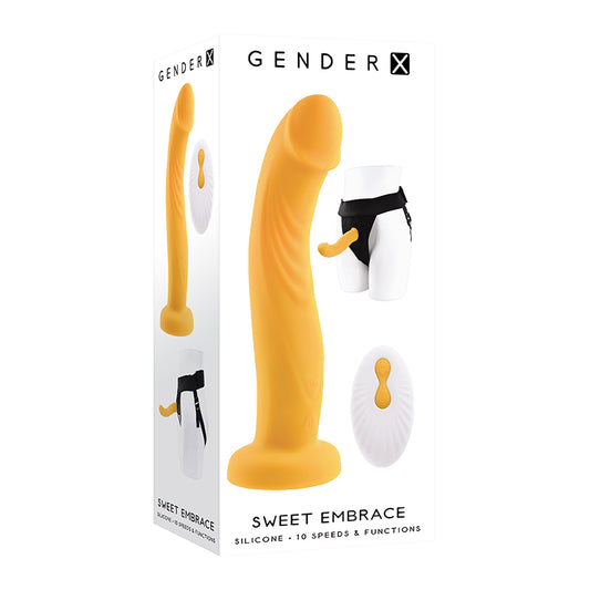 Gender X Sweet Embrace Rechargeable Remote-Controlled Vibrating 7 in. Silicone Dildo and Jock-Style Strap-On Harness Set Yellow/Black