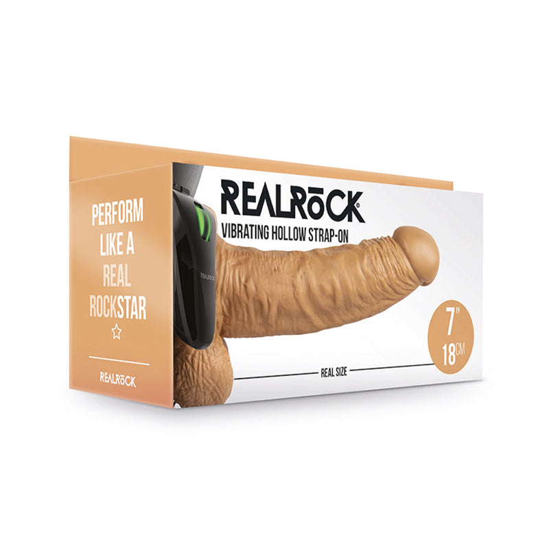 RealRock Realistic 7 in. Vibrating Hollow Strap-On With Balls Tan