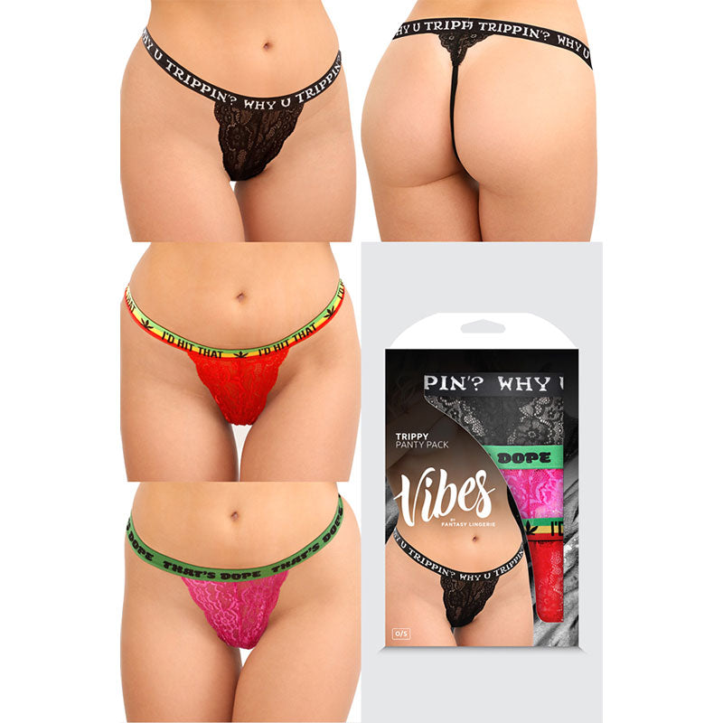 Fantasy Lingerie Vibes Trippy Vibes Pack 3-Piece Lace Thong Panty Set Black/Red/Pink O/S