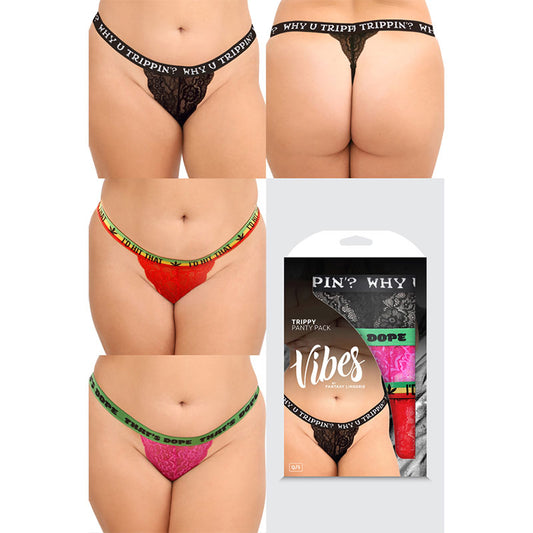 Fantasy Lingerie Vibes Trippy Vibes Pack 3-Piece Lace Thong Panty Set Black/Red/Pink Queen Size