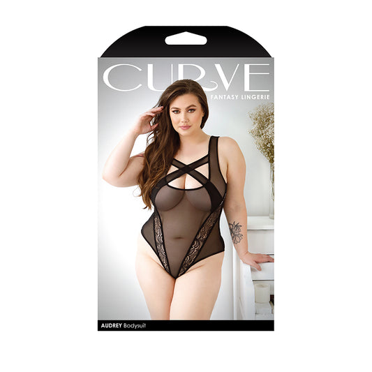 Fantasy Lingerie Curve Audrey Criss-Cross Mesh Bodysuit With Lace Panel Detail & Snap Closure Black XL/2XL