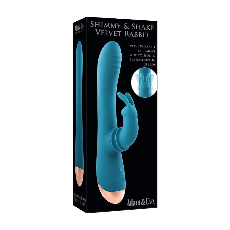 Adam & Eve Shimmy & Shake Velvet Rechargeable Silicone Rabbit Vibrator Teal