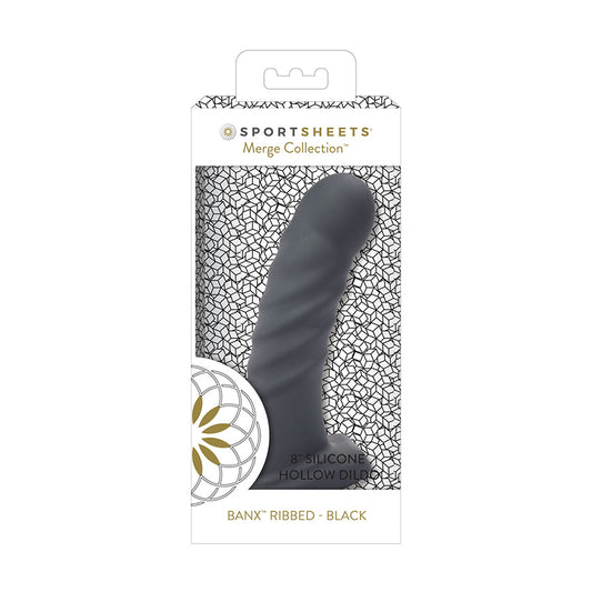 Sportsheets Merge Collection Banx Ribbed 8 in. Silicone Hollow Dildo Black