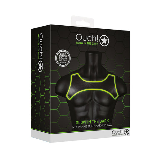 Ouch! Glow in the Dark Neoprene Body Harness Neon Green L/XL