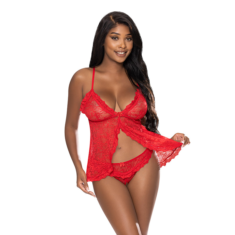 Magic Silk Ooh La Lace Babydoll & Split-Crotch Panty Set Red S/M