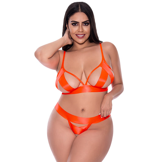 Magic Silk Strap Tease Bra & Crotchless Panty Set Orange Queen